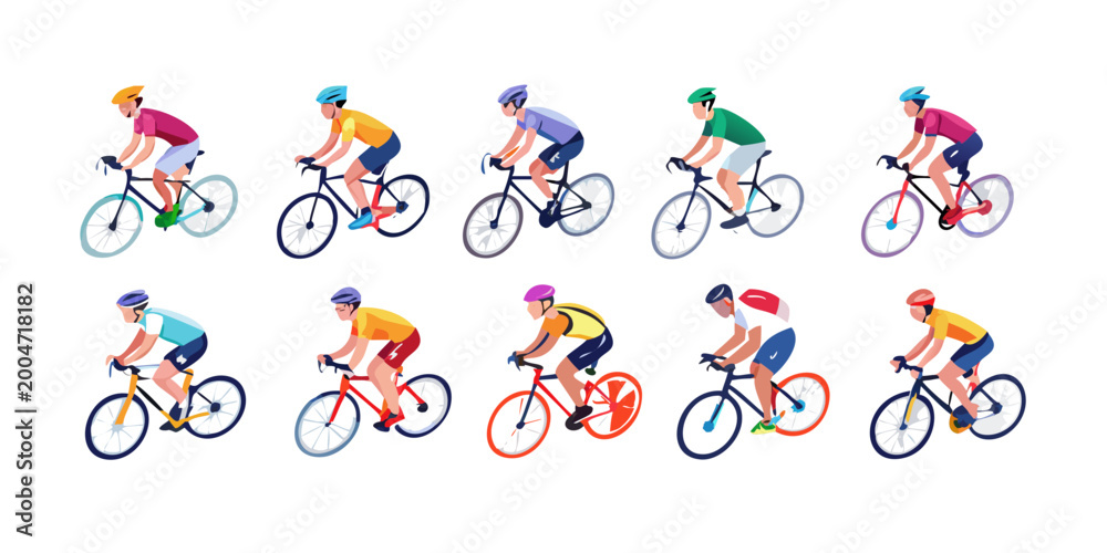 Naklejka premium Set of professional cyclists riding road bikes, vector