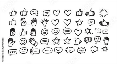 Hand drawn social media icons set with hearts thumbs up smiley faces and speech bubbles doodle style.