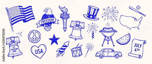 Symbols of American Independence: An illustrative collection of patriotic symbols, meticulously drawn in a sketched style, including the iconic flag, eagle, Liberty Bell, fireworks, and more.