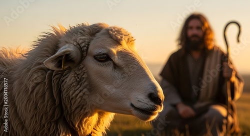 Close-up of a gentle sheep with a shepherd in the background, symbolizing Jesus as the Good Shepherd. A peaceful religious illustration for Easter, Ascension Day, and the Gospel of John