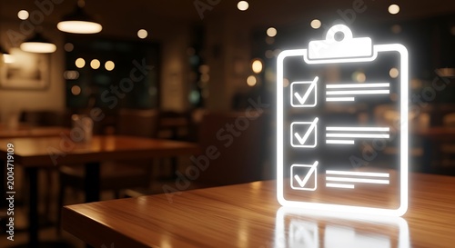 Glowing checklist clipboard icon with checkmarks on a wooden table in a cafe done task