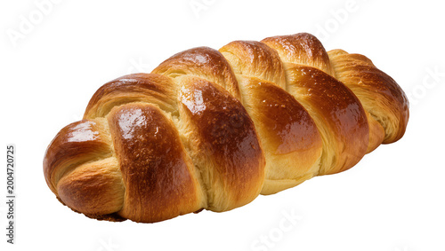 Tableau sur toile Golden brown braided challah bread with glossy crust, isolated on transparent ba