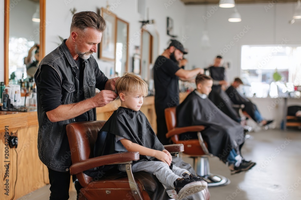 Naklejka premium A father and son getting matching haircuts, sitting in adjacent chairs