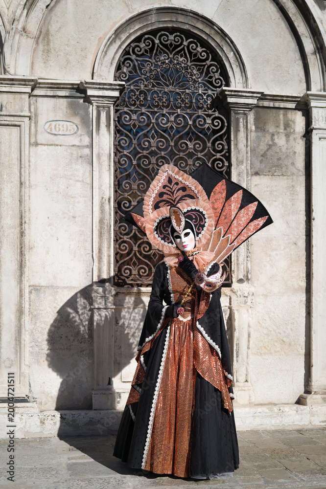 Obraz premium Venice, Italy - February 17, 2026 - People dressed in masks for the Venice Carnival have their photos taken by tourists