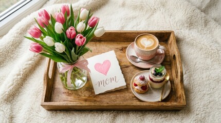 mother's day breakfast tray with tulips and pastries