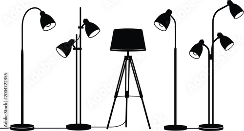 Obraz na płótnie Silhouette of various modern floor lamps and tripod lamp on white background  ho