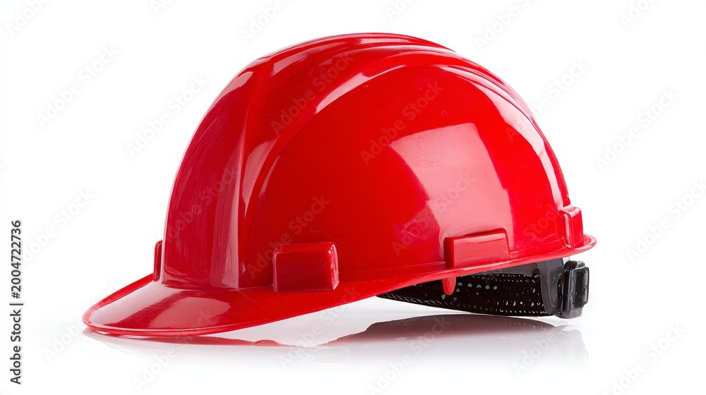 Fototapeta premium Worker's red hat sits on white background. Essential safety gear.