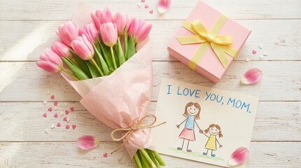 pink tulips gift box mother's day handmade card
