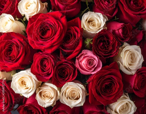 Lush bouquet of assorted red, pink, and cream roses