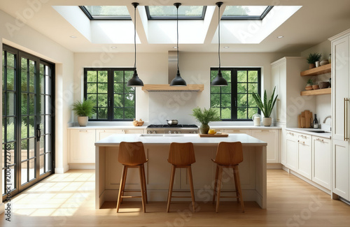 Bright modern farmhouse kitchen with island, stools. Large windows, skylights offer natural light. White cabinets, wood floors create clean, airy feel. This space suits various home decor themes.