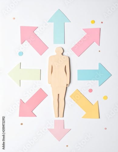 Wooden human figure surrounded by colorful arrows pointing in multiple directions, flat lay concept for choice, direction, strategy, business decision