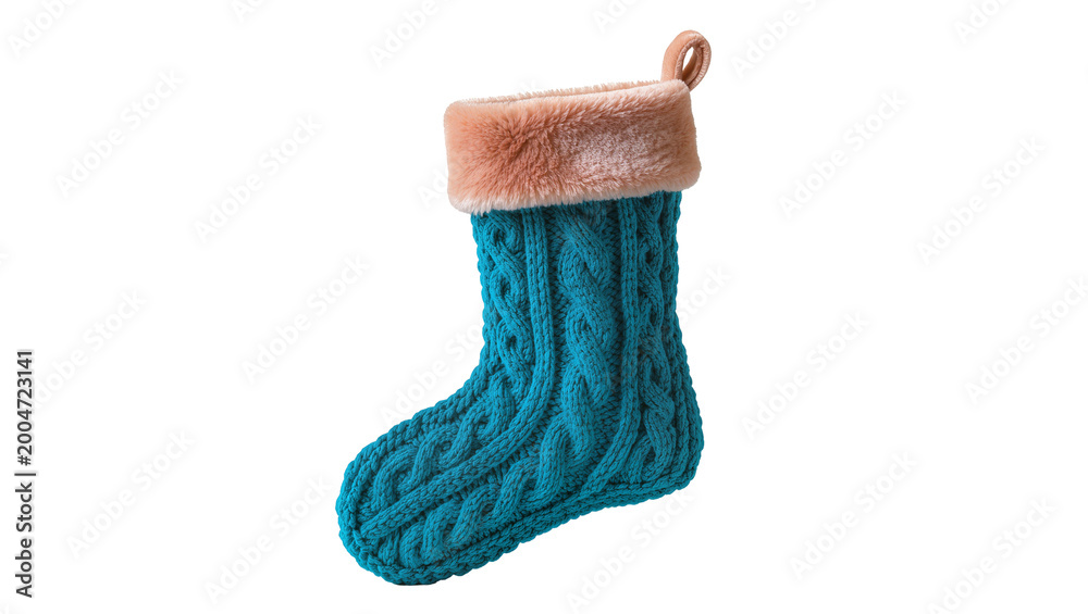Naklejka premium Teal cable knit Christmas stocking with plush trim, isolated on transparent background