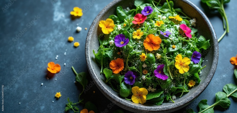 Fototapeta premium Fresh green salad mix with colorful edible flowers served in concrete bowl on blue marble table. Top view of healthy vegetarian meal with herbs like lettuce arugula and spinach for gourmet dining.