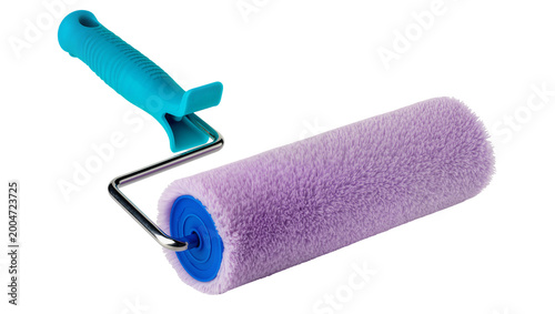 Turquoise handle paint roller with purple fluffy nap, isolated on transparent background