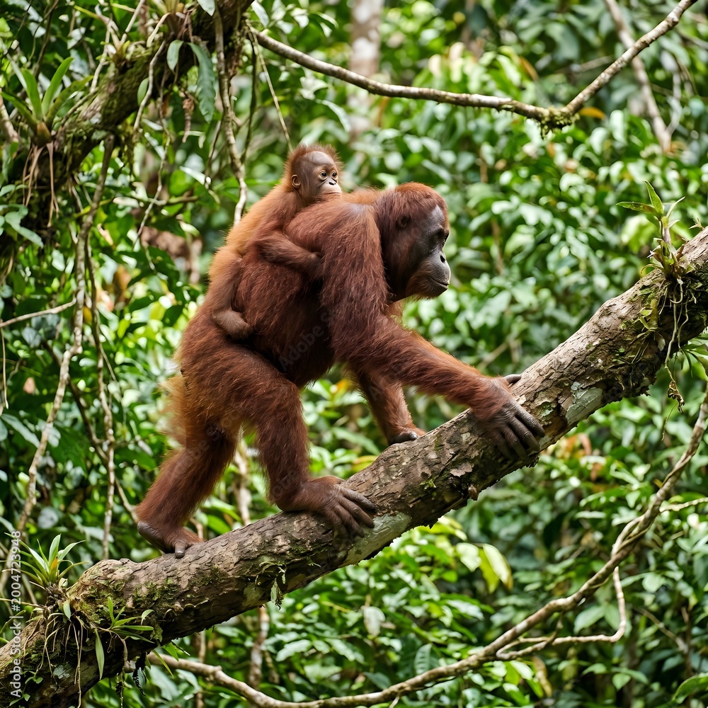 Naklejka premium Wild Orangutan Mother and Child Climbing in Tropical Rainforest