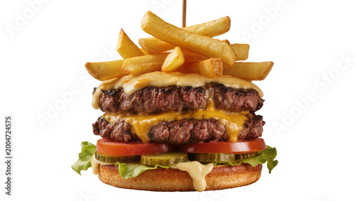Double beef patty burger with melted cheese and fries, isolated on transparent background