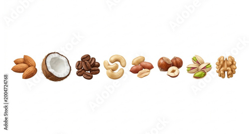 Schilderij op canvas Assorted nuts and grains horizontal lineup 3d realistic vector illustration heal