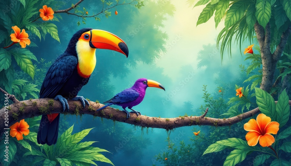 Naklejka premium Two toucans sit on a tree branch in a vibrant tropical rainforest. Rich green foliage and bright orange flowers surround the birds. The scene has a dreamy, misty atmosphere with soft lighting.