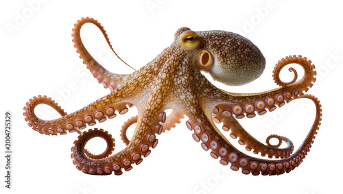 Canvastavla Brown octopus with textured skin and suckers, isolated on transparent background