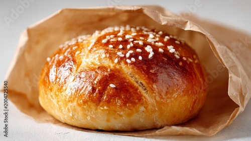 Freshly baked bun sits inside a paper bag. White background, close up. Text fits here.