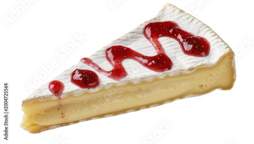 Foto Triangular brie cheese wedge with red jam drizzle, isolated on transparent backg