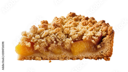 Canvas Print Golden brown peach crumble pie slice with crumb topping, isolated on transparent