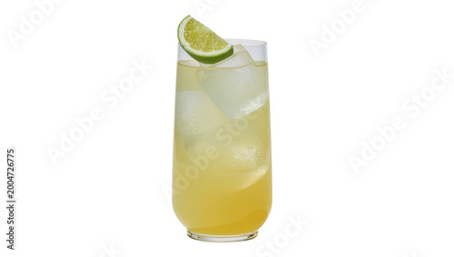 Cuadro en lienzo Tall glass of yellow lemonade with ice cubes and lime slice, isolated on transpa