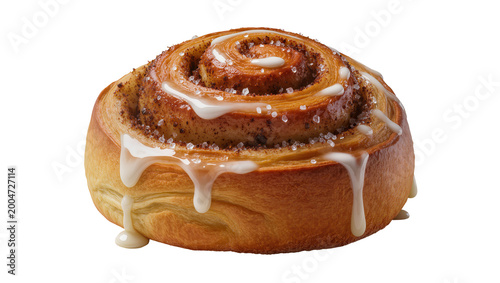 Quadro su tela Golden brown cinnamon roll with white icing drizzle sprinkled with sugar, isolat