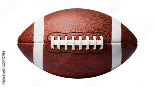 Brown leather American football with white laces and stripes, isolated on transparent background