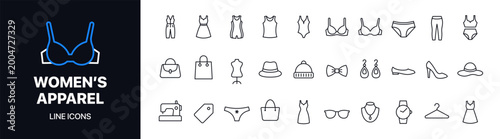 Cuadro en lienzo Clean women apparel line icons vector set featuring fashion clothing, accessories, and wardrobe elements