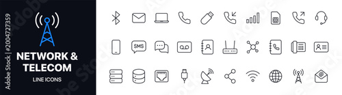Clean network and telecom line icons vector set featuring communication, connectivity, mobile, and data symbols. Ideal for tech apps, websites, dashboards, and telecommunications platforms.