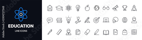 Clean education line icons vector set featuring school, learning, science, and academic symbols. Ideal for web design, apps, presentations, and educational platforms.