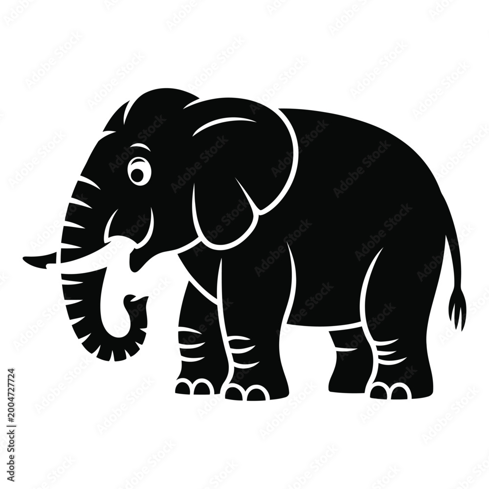 Obraz premium Black elephant side view illustration with curved tusks and detailed features silhouette high quality