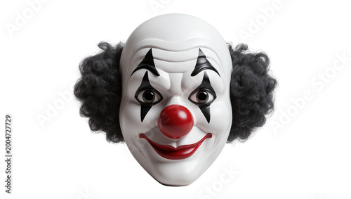 Photos White clown mask with red nose and black curly hair, isolated on transparent bac