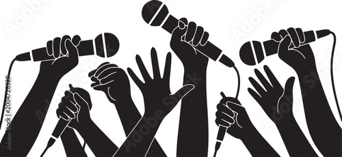Фотография A group of hands holding microphones a concert or event illustration