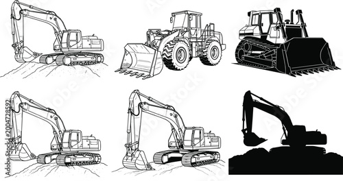 Fotografie Construction heavy equipment set with excavator, bulldozer and loader in line ar
