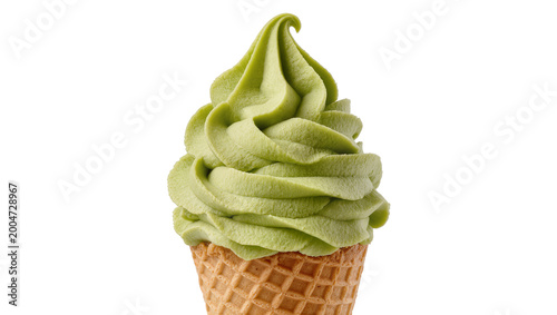 Green matcha soft serve ice cream in a waffle cone, isolated on transparent background