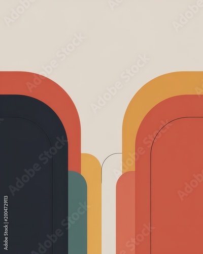 Abstract geometric arches background with layered rounded shapes in warm orange yellow blue and green tones minimal modern design