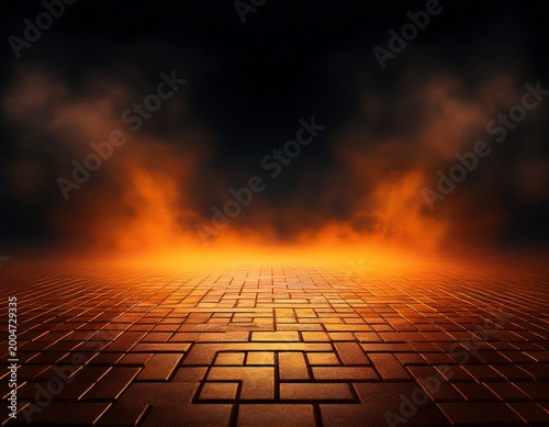 3d rendering asphalt octagonal stone floor light orange in a dark empty street with smoke dark background