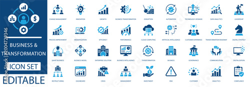 Obraz na płótnie Business transformation icon set featuring digital strategy, innovation, artificial intelligence, automation, cloud computing, data analytics, and corporate growth symbols