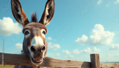 Funny donkey face closeup over wooden fence. Long ears up, mouth open slightly. Bright sunny day with blue sky and fluffy clouds. Farm animal portrait with copy space for text.