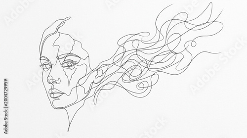 Artistic continuous line drawing of a female face with hair flowing into abstract smoke shapes