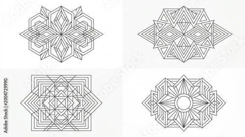 Set of four symmetrical geometric abstract line art designs with sharp angles and structures
