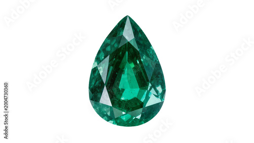 Fotografia Pear-shaped faceted emerald gemstone deep green color, isolated on transparent b