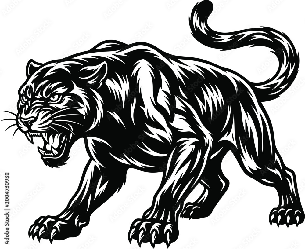 Obraz premium Black panther, aggressive animal, vector illustration, monochrome design, wildlife creature