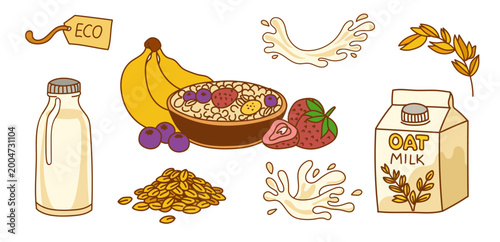 Hand-drawn oatmeal set with grains, splashes, and fruits in warm natural tones. vector