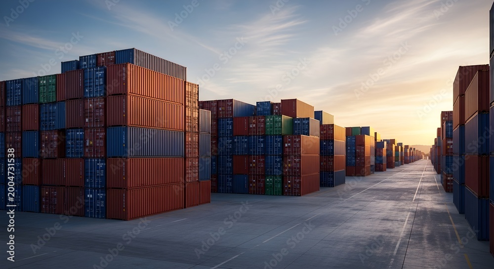 Fototapeta premium Massive Shipping Containers Stacked High In A Storage Yard Under The Evening Sky