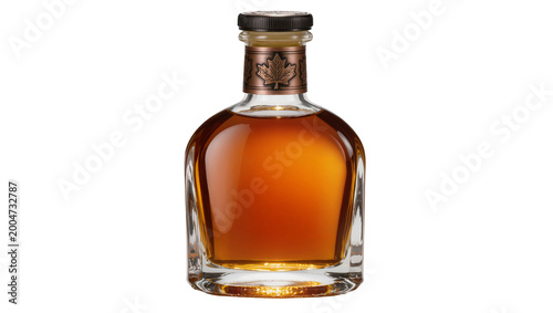 Tablou pe pânză Amber liquid in glass bottle with maple leaf emblem, isolated on transparent bac