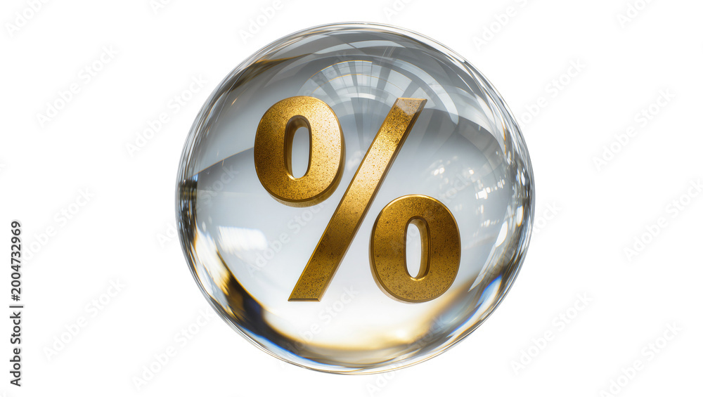 Obraz premium Golden percentage symbol inside a clear glass sphere, isolated on transparent background