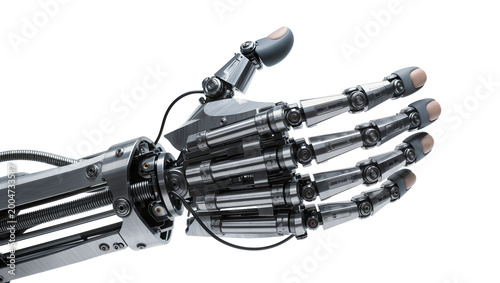 Obraz na plátně Detailed metallic robotic hand with articulated fingers, isolated on transparent